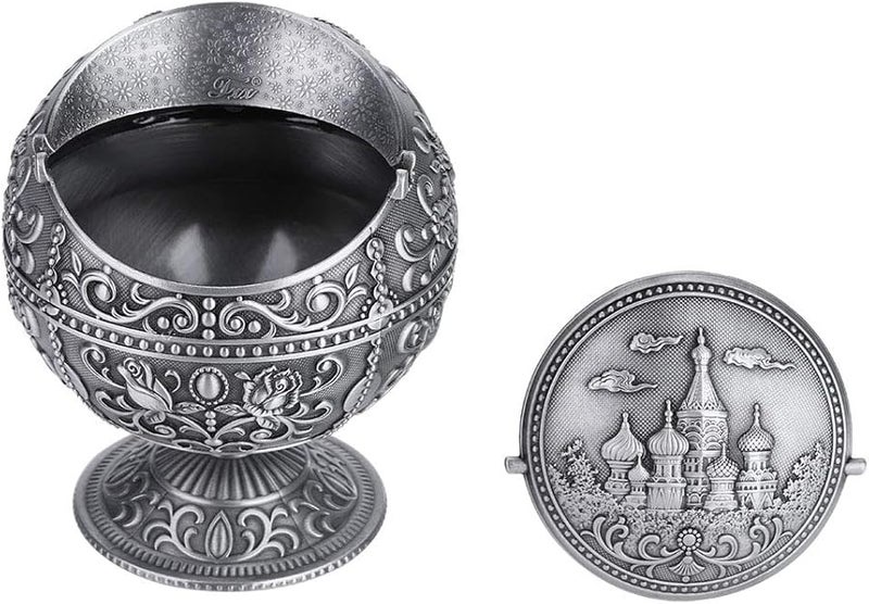 صحن رماد معدني مقاوم للرياح كلاسيكي مع غطاء، علبة قصدير محمولة، بلون القلعة، نمط كرة مستديرة، هدية - Image 4